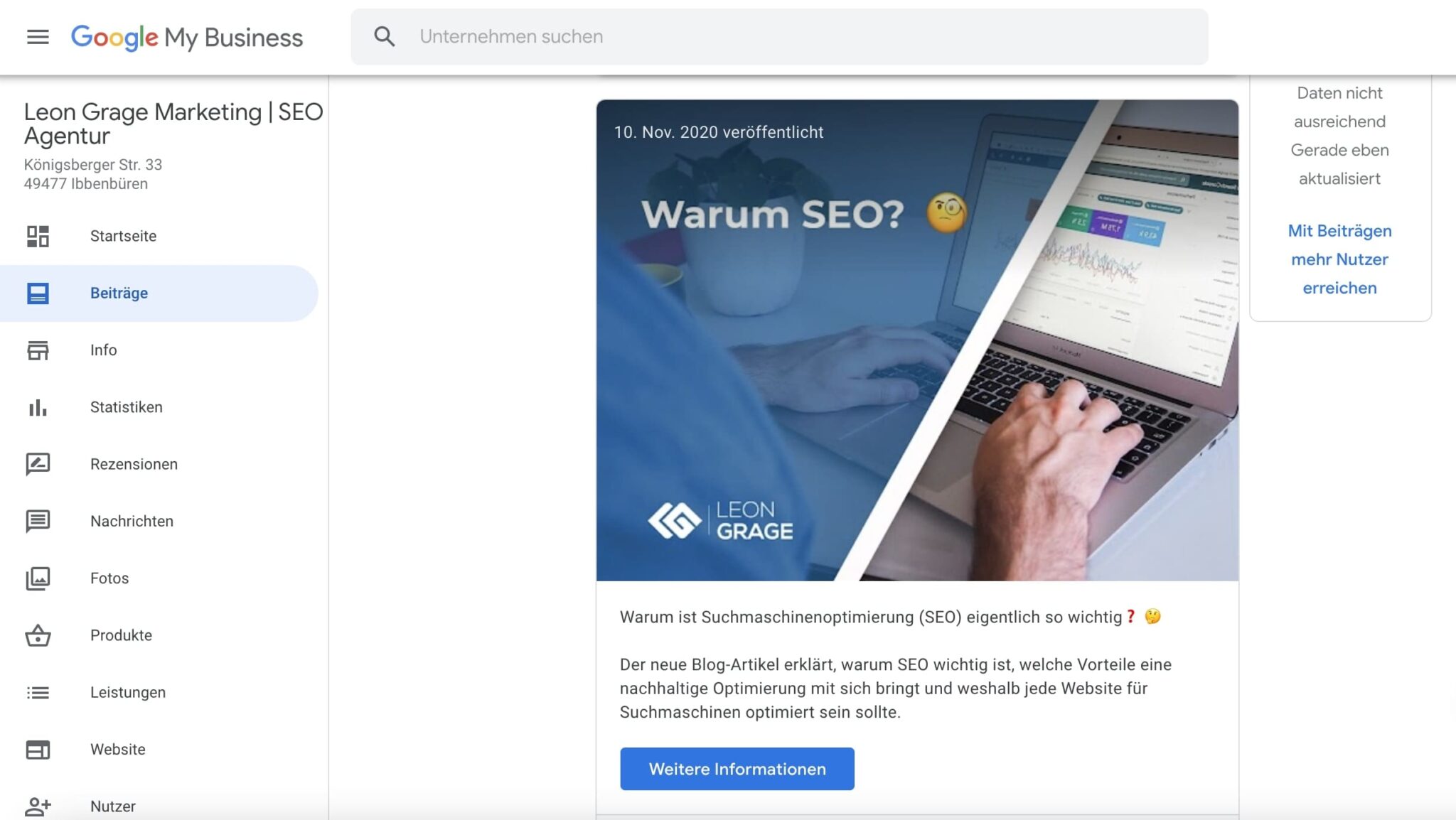 Google My Buisness Optimierung durch Beiträge